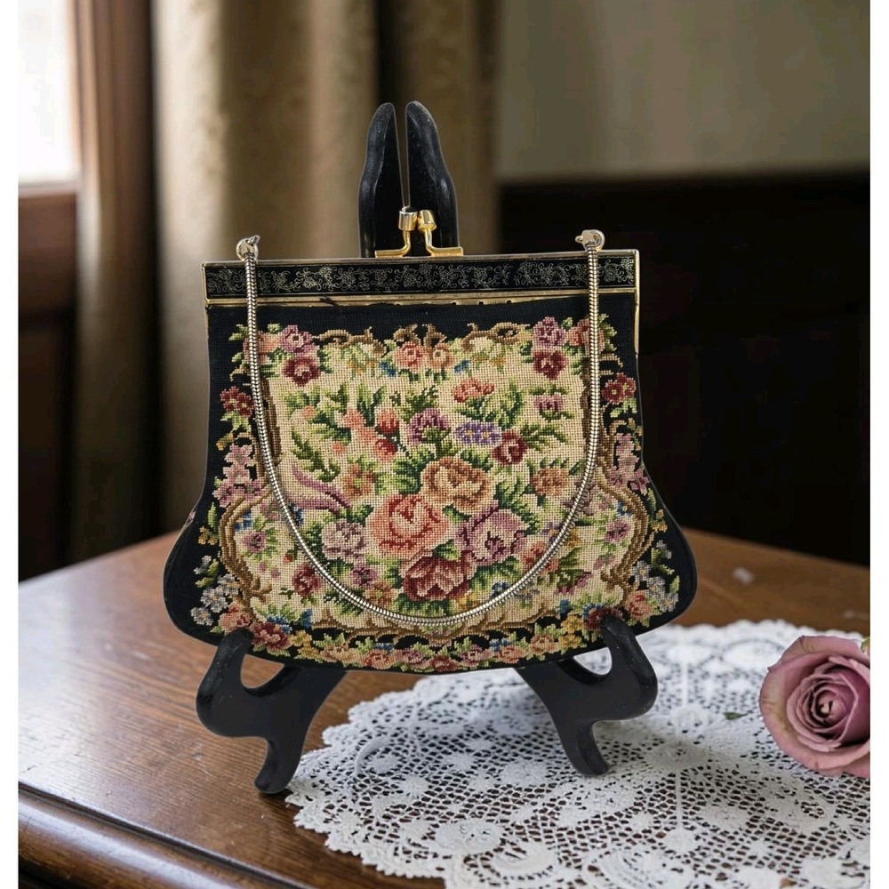 1950s Floral Needlepoint Purse Vintage Tapestry Handbag Clutch MCM Accessory VGC